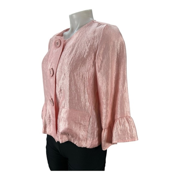 Ruby Rd Women's Petite Blazer 10P Pink Dress Jacket Button 3/4 Ruffle Sleeve - Picture 2 of 5